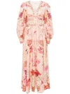 Camilla Floral Linen Shaped Waistband Maxi Dress In Pink