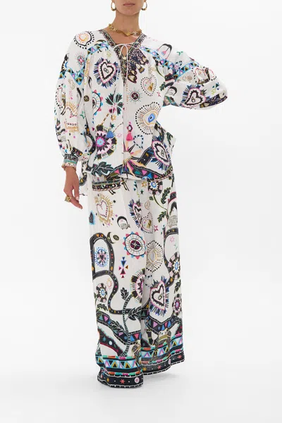 Camilla Blouson Blouse With Neck Tie Nubian Wonderland In White