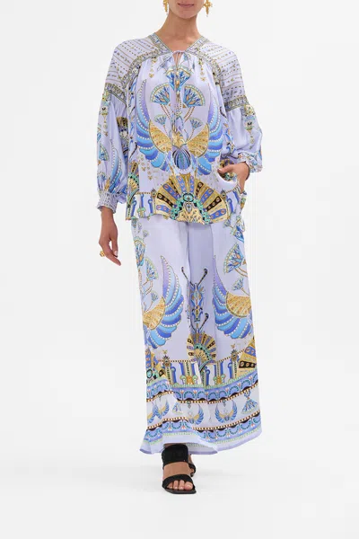 Camilla Blouson Blouse With Neck Tie Under Scarab Skies In Blue