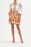 Camilla Blouson-sleeve Flared Cotton-silk Mini Dress In Beige/white