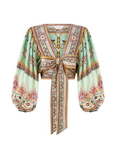 Camilla Blouson Sleeve Tie Front Top In Green