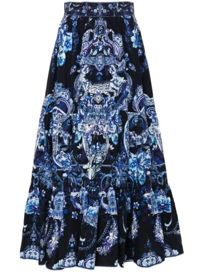 Camilla High-waist Tiered Organic Cotton Poplin Skirt In Delft Dynasty