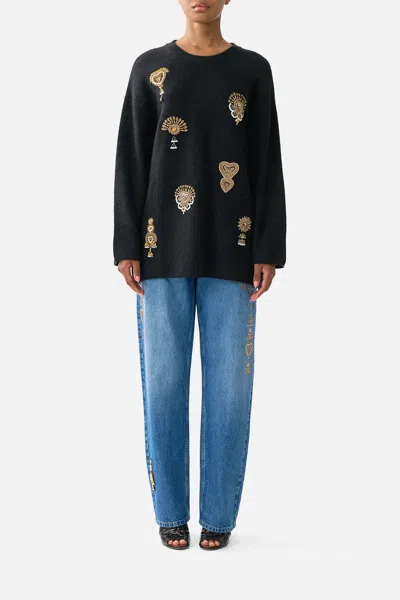 Camilla Boxy Crew Neck Jumper Taurus Rising In Black
