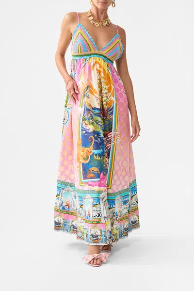 Camilla Crochet-paneled Printed Cotton-poplin Maxi Dress In Pink