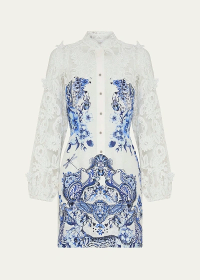 Camilla Butterfly Lace-sleeve Button-front Mini Dress In Blue/white |  ModeSens