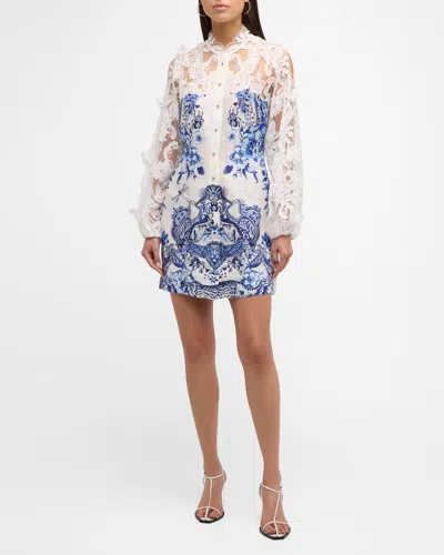 Camilla Butterfly Lace-sleeve Button-front Mini Dress In Glaze And Graze