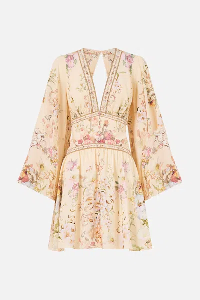 Camilla Button Down Short Dress With Open Back Adorned In Aranjuez In Pink