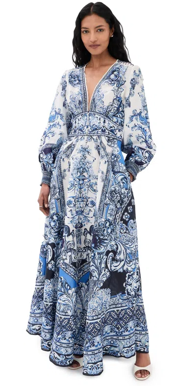 Camilla Button Dress With Shaped Waistband A Tiled Wonderland In Blue