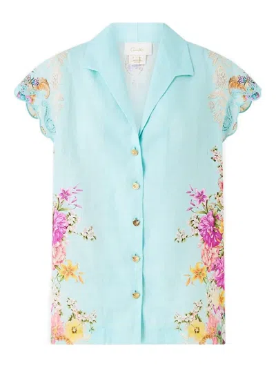Camilla Button Floral Blouse In Blue