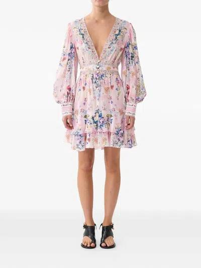 Camilla Button Frill Floral Midi Dress In Pink