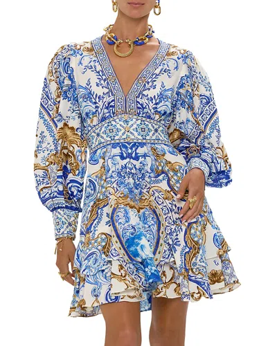 Camilla Button Front Frill Dress In Azul Adventures
