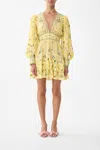 Camilla Daisy Chains Button Front Long Sleeve Silk Minidress In Yellow