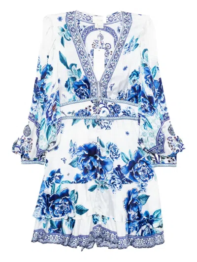 Camilla Button Front Frill Dress In White