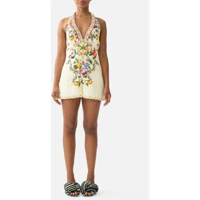 Camilla Embellished Floral-print Linen Playsuit In Neutral