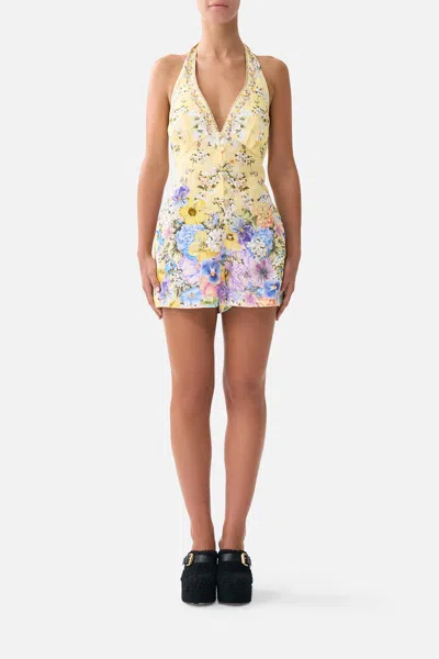 Camilla Button Front Halter Playsuit Darling Buds In Yellow