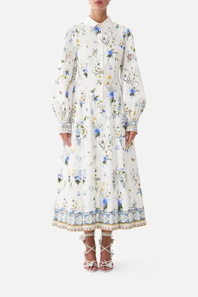 Camilla Button Front Midi Shirt Dress Dandelion Skies In White