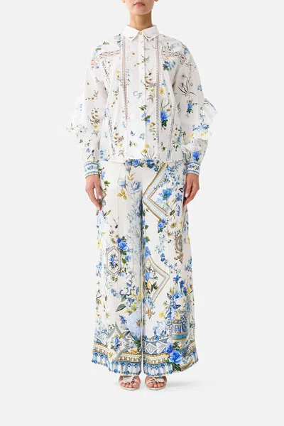 Camilla Button Shirt With Frill Detail Dandelion Skies In White