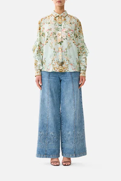 Camilla Button Shirt With Frill Detail Wildflower Wunderland In Green