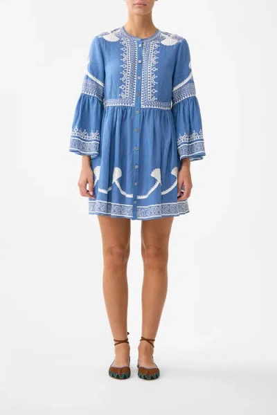 Camilla Button Through Mini Dress With Flared Sleeve In Blue