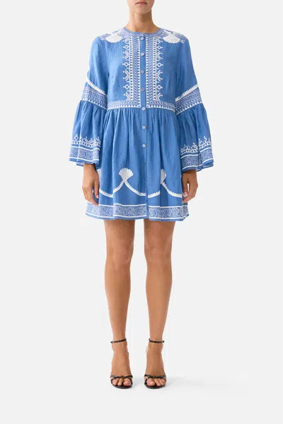 Camilla Button Through Mini Dress With Flared Sleeve De Nada Granada In Blue