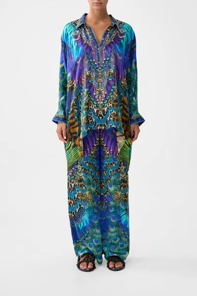 Camilla Button Up Top With Draped Back Cosmic Zoology In Blue