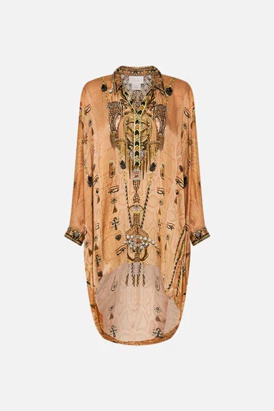 Camilla Button Up Top With Draped Back Kingdom Of Heiroglyphs In Pink