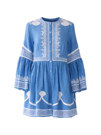 Camilla Button-details Flared-sleeve Mini Linen Dress In Blue
