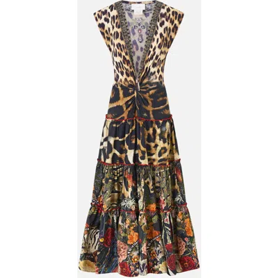 Camilla Cap Sleeve Twist Front Midi Dress In Multi