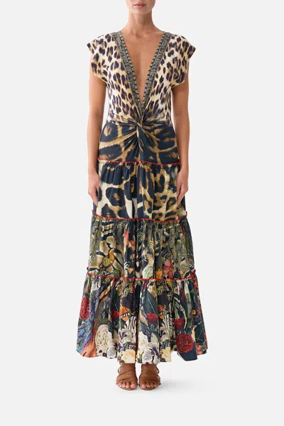 Camilla Cap Sleeve Twist Front Midi Dress Leotigra Land In Brown