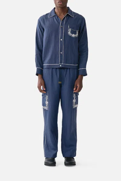 Camilla Cargo Pant With Elastic Waist A Tiled Wonderland In Blue