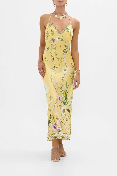 Camilla Floral Silk Satin Charmeuse Midi Dress In Yellow