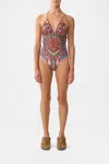 Camilla Chain Detail Tri Bodysuit With Mesh Inserts Patchwork Alchemy In Multi