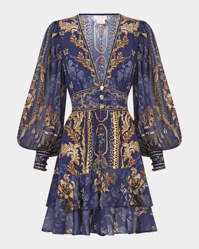 Camilla Cloaked In Baroque Tiered Button-front Mini Dress In Blue