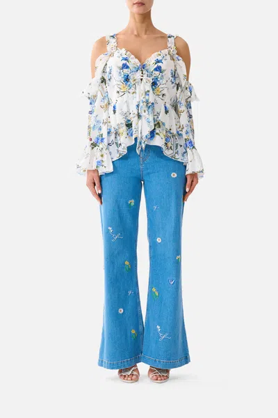 Camilla Cold Shoulder Ruffle Top Dandelion Skies In Blue