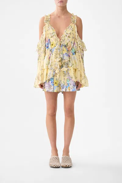 Camilla Cold Shoulder Ruffle Top Darling Buds In Yellow