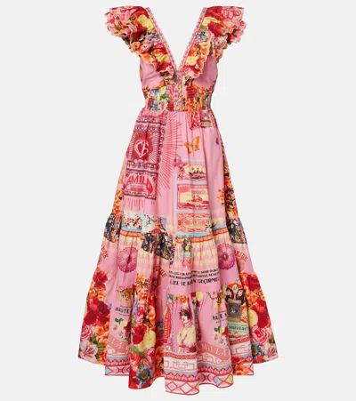 Camilla Collage Kingdom Tiered Cotton Maxi Dress In Pink