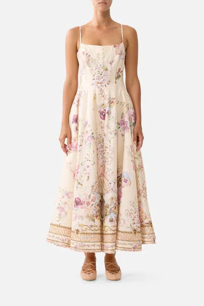 Camilla Corset Dress With Long Flared Skirt Adorned In Aranjuez In Pink