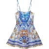 Camilla Pleated Printed Linen And Silk-blend Mini Dress In Azul Adventures