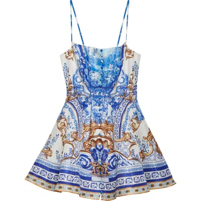 Camilla Pleated Printed Linen And Silk-blend Mini Dress In Azul Adventures