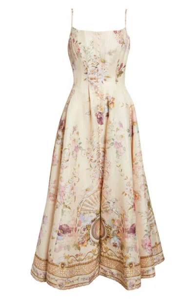 Camilla Corset Linen & Silk Twill Fit & Flare Dress In Brown