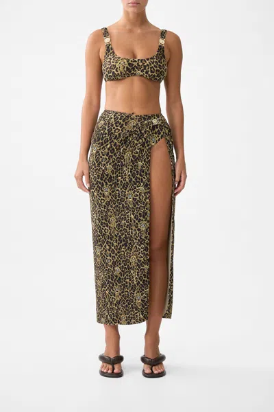Camilla Crinkle Stretch Long Sarong With Trim And Leg Split Feline Folklore In Multi