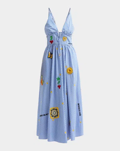 Camilla Women's Crochet Appliqué Striped Cotton Midi Dress In Blue