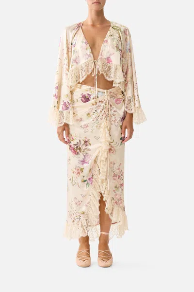Camilla Crop Ruffle Top Adorned In Aranjuez In Pink