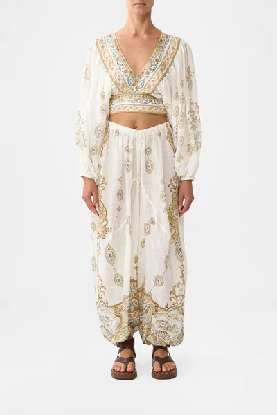 Camilla Cropped Blouson Sleeve Tie Front Top Ottoman Dynasty In Neutral