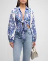 CAMILLA CROPPED BRODERIE YOKE LINEN WRAP SHIRT