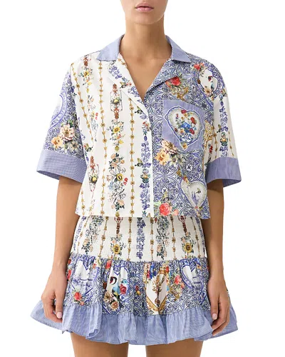 Camilla Cropped Camp Collar Blouse In Blue