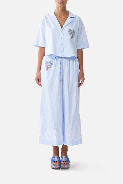 Camilla Cropped Camp Collar Blouse Ottoman Opulence In Blue