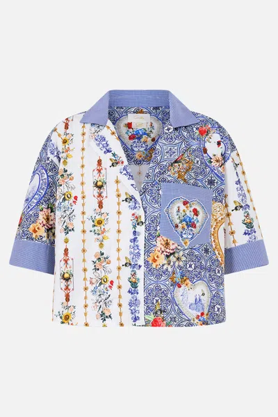 Camilla Cropped Camp Collar Blouse The Pottery Parlour In Blue