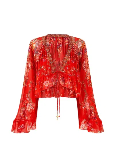 Camilla Cropped Ruffled Blouse In Red