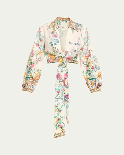 Camilla Cropped Tie-front Organic Cotton Poplin Wrap Shirt In Plumes And Parterres